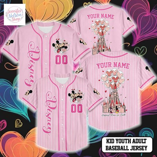 Discover Personalize Disney Happiest Place On Earth Baseball Jersey, Custom Disney Mickey and Friends Valentines Day Jersey, Disney Couple Gift