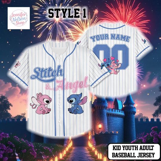 Discover Personalized Stitch Angel Baseball Jersey, Cute Couple Cartoon Baseball Jersey, Custom Name Number Jersey for Kid Youth Adult