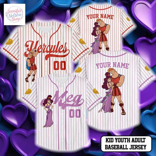 Discover Personalize Hercules and Meg Baseball Jersey, Custom Hercules Valentines Day Jersey Shirt, Disney Couple Gift