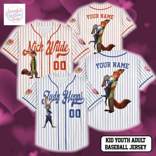 Discover Personalize Judy Hopps and Nick Wilde Baseball Jersey, Custom Zootopia 2 Valentines Day Jersey Shirt, Disney Couple Gift
