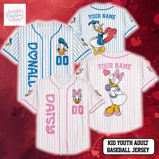 Discover Personalize Donald and Daisy Duck Baseball Jersey, Custom Mickey and Friends Valentines Day Jersey Shirt, Disney Couple Gift