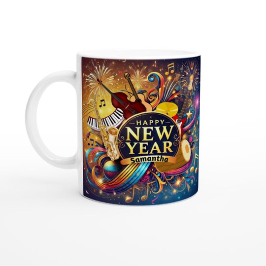 Discover Personalized Happy New Year Music Mug, Vibrant Celebration Design