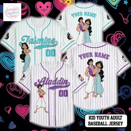 Discover Personalize Aladdin and Jasmine Baseball Jersey, Custom Disney Aladdin Valentines Day Jersey Shirt, Disney Couple Gift