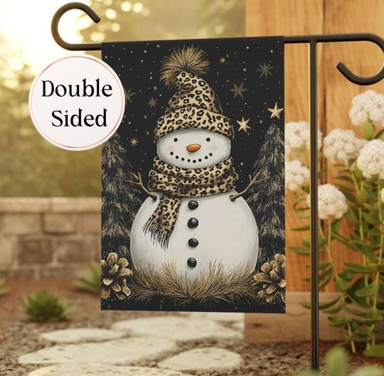 Leopard Print Snowman Christmas Garden Flag, Bougie Holiday Decor