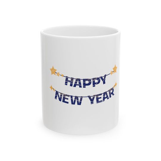 Discover Happy New Year Ceramic Coffee Mug | Navy Banner & Golden Stars
