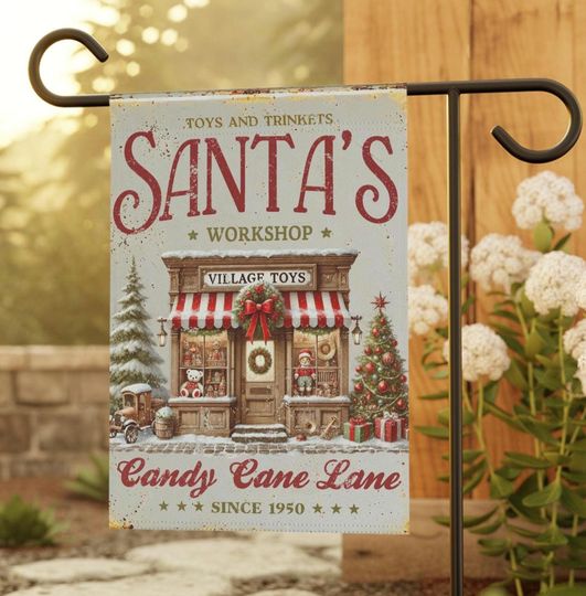 Discover Vintage Santa's Workshop Christmas Flag: Double-Sided Festive Holiday Decor for Garden and Home