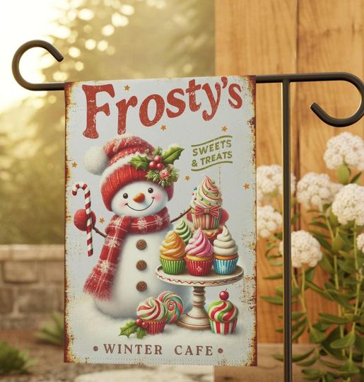 Discover Winter Cafe Snowman Garden Banner: Whimsical Holiday Decor for Festive Outdoor Setting
