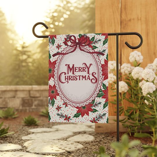 Discover Merry Christmas Poinsettia Garden Flag, 12x18 Double Sided Festive Holiday Yard Flag with Red Flowers and Bow
