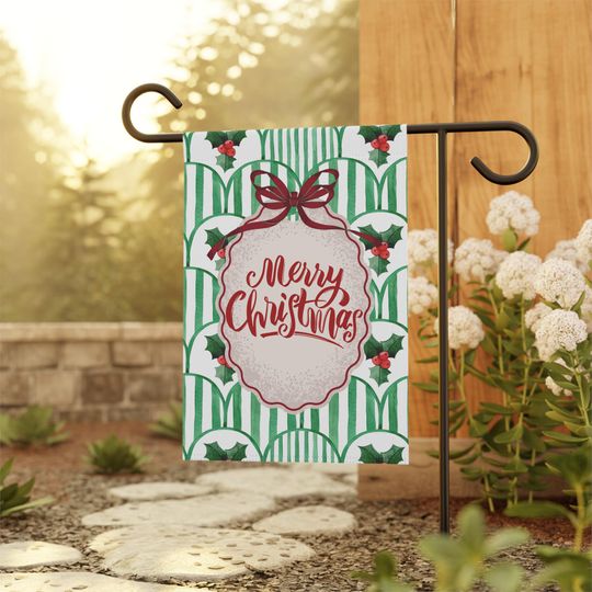 Discover Trendy Double Sided Merry Christmas Garden Flag, 12x18 Double Sided Holiday Yard Flag with Holly & Red Ribbon