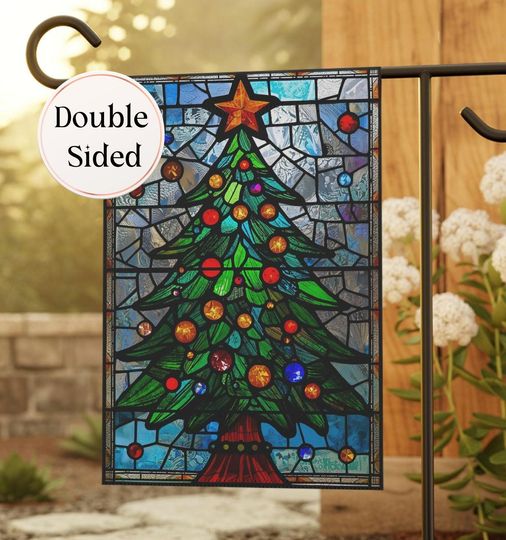 Stained Glass Christmas Tree Garden Flag: Double-Sided Holiday Welcome