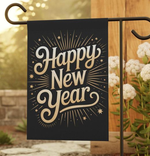 Discover Happy New Year Garden Flag, Double Sided Elegant Black and Gold New Year 12x18 Garden Flag and 24.5x32 House Flag