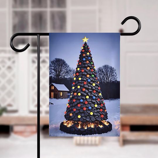 Discover House Banner, Christmas Tree made of Coal in Snowy Landscape, Festive and Eerie Holiday Decor, Unique Winter Wall Art, Cabin Scene, Gift for