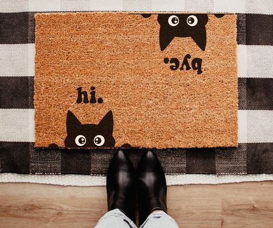 Discover Welcome Doormat Black Cat, Cute Puppy Front Door Mat, Pet Lover Gift, Funny Cat Door Decor
