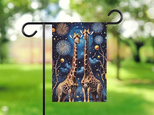 Discover House Banner, New Year's Eve Fireworks Display with Majestic Giraffes Reaching New Heights, Vibrant Home Decor, Celebration Flag, Holiday
