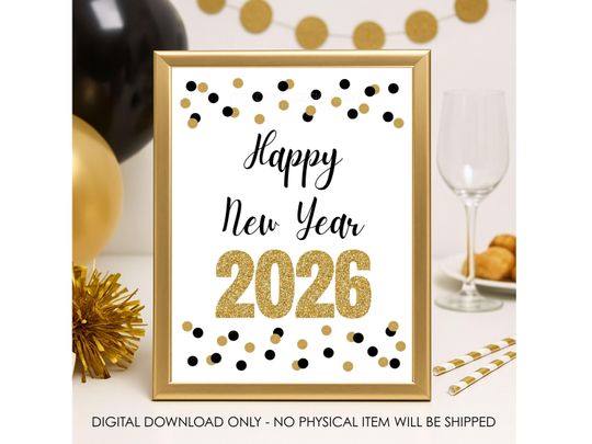 Discover New Year 2026 Printable Sign | Happy New Year + Feliz Ao Nuevo Wall Art | Black & Gold Confetti Decor, 810 + 8.511 JPG Instant Download