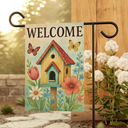Discover Welcome Garden Flag: Watercolor Birdhouse & Butterflies - All Season Decor