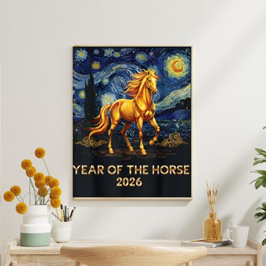 Discover Year of the Horse 2026 Digital Print - Starry Night Style Gold Equine Art - Chinese Zodiac Poster - l PNG SVG PDF - Lunar New Year Decor