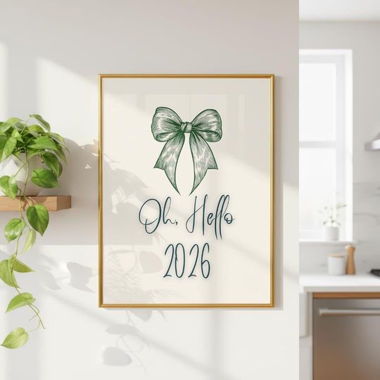 Coquette 'Oh Hello 2026' Printable Wall Art, Retro New Year's Eve Party Sign
