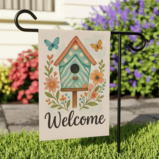 Discover Watercolor Birdhouse Garden Flag: Whimsical Floral Welcome
