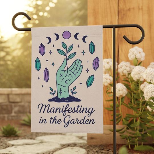 Discover Witchy Garden Flag: Crystals & Moon Phases - Spiritual Decor