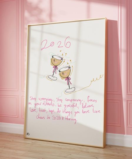 Discover 2026 Happy New Year Pastel Poster & Digital Card Set of 4: Hand-Drawn Festive Christmas NYE decor -  (Digital Download)
