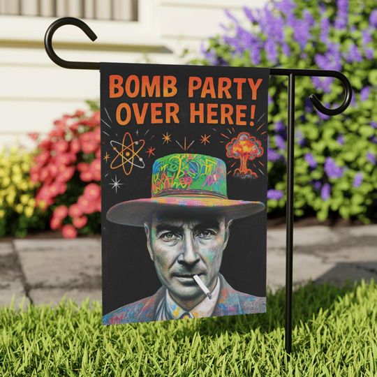 Discover Neon "Bomb Party Over Here!" Garden Flag, Atomic Scientist Decor