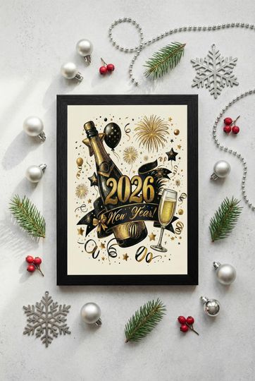 Discover New Year 2026 Champagne Art Print, Gold & Black Celebration (Digital Download)