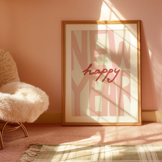 Discover Happy New Year Art Print, Minimalist Festive Typography Poster (Digital Download)