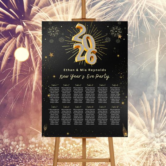 Discover Editable New Year's Eve Party Seating Chart Template, Printable 2026 New Years Party Table Assignment Poster, Gold Glitter New Year' Eve