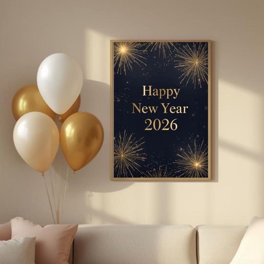 Discover Happy New Year 2026 Gold Fireworks Wall Art
