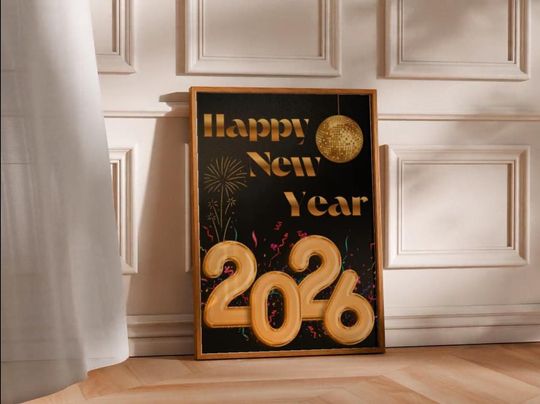 Discover 1 happy new year 2026 printable poster black and gold wall art new years eve party decor modern holiday print