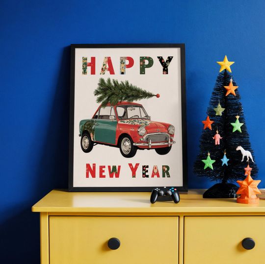 Discover Happy New Year Car Print Vintage Mini Poster Christmas Tree Retro Holiday Decor Digital Download Festive Funky Wall Art Seasonal Gift