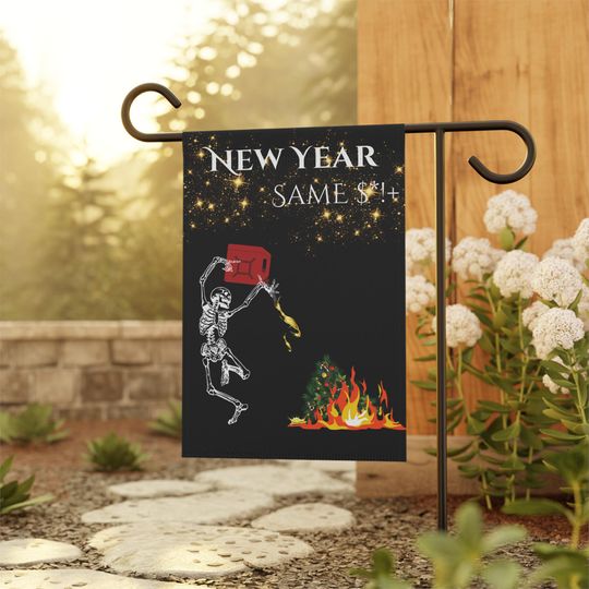 Skeleton Happy New Year GardenFlag, Funny Dancing Skeleton Flag