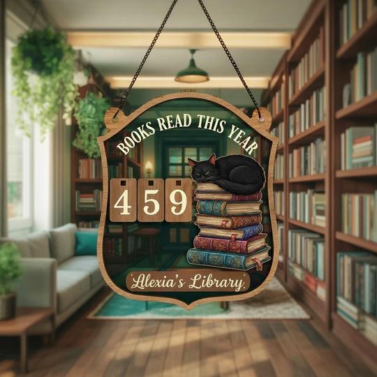 Discover Personalized Annual Books Read Counter, Custom Bookish Black Cat Reading Sign, Book Shelf Tracker, Literary Decor, Cat Lover Bookish Gift