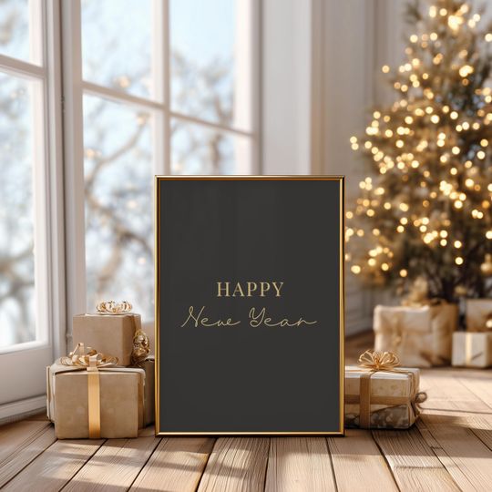 Discover Happy New Year Printable Wall Art, Gold Minimalist New Year Print, Elegant Typography Poster