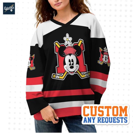 Discover Custom Minnie Couple Black & Red Hockey Jersey, Disney Baseball Jersey Sports, Cute Birthday Gifts For Fans, Disneyland Family