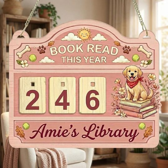 Discover Cute Dog Floral Wood Book Tracker Sign, Wooden Reading Counter, Custom Library Sign, Books Read This Year Display, Gift for Book Lover