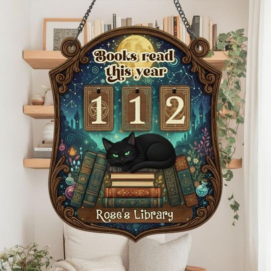 Discover Personalized Cat Reading Tracker Sign, Books Read This Year Wooden Sign, Custom Library Decor, Gift for Cat Lovers & Readers