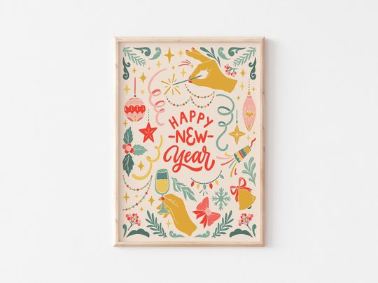 Discover Retro New Year Art Print: Vintage NYE Decor (Digital Download)
