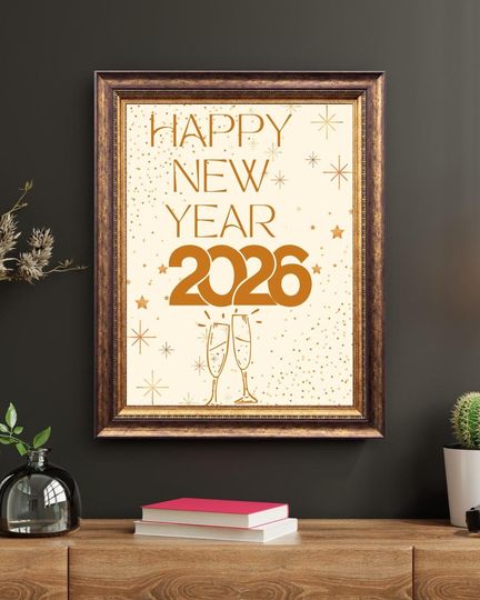 Discover Happy New Year 2026 Gold Champagne Art Print (Digital Download)