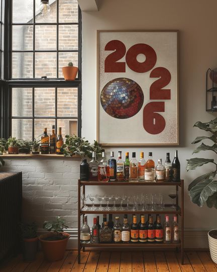 Discover Retro New Years Poster, 2026 Printable Wall Art, Dark Cherry Red Disco Ball Art, Retro Trendy NYE Party Decor, Party Decor, Digital Print