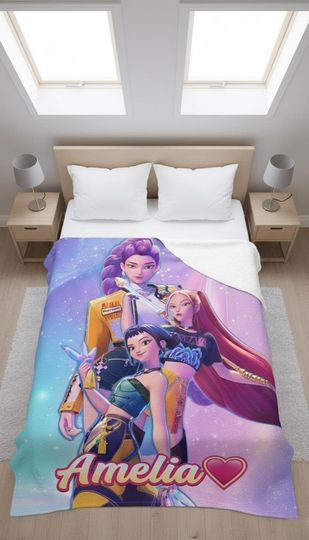 Discover Custom Name K-Pop Demon Hunters Blanket, Personalized Huntrix Blanket, Mira Zoey Rumi Blanket, Kpop Huntrix Inspired Blanket