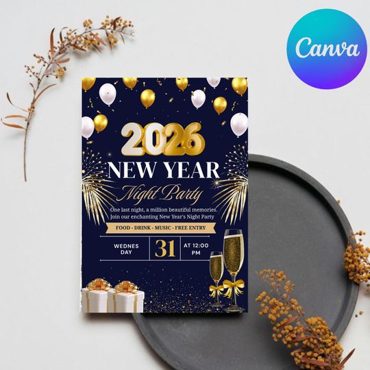 Discover New year 2026 event party flyer | Gold & Navy Canva Template (Digital Download)
