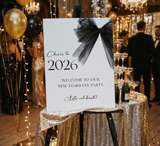 Discover New Years Eve Party Sign Editable Template - Welcome Party Sign, New Years Celebration 2026 Party Banner, New Years Bow Invitation