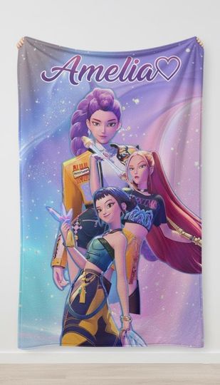 Discover Personalize Huntrix Girls Blanket, Custom Kpop Demon Hunter Blanket, Flannel Kids Name Blanket, Winter Holiday Throw, Mira Zoey Rumi Blanket