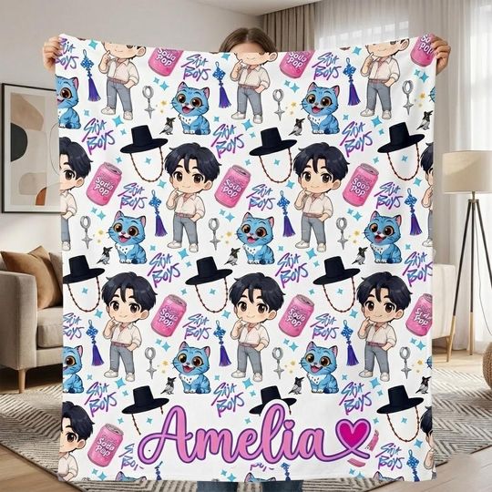 Personalized Kpop Saja Boys Blanket, Kpop Huntrix Blanket, Cute Chibi Idol Throw Blanket, Custom Name Fan Gift, Soft Cozy Kpop Fan Merch