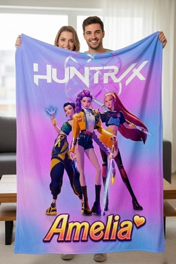 Discover Custom Huntrix Blanket with Name, Personalized Kpop Demon Hunter Blanket, Custom Huntrix Blanket, Kpop Fun Gift, Hunters Anime Blanket