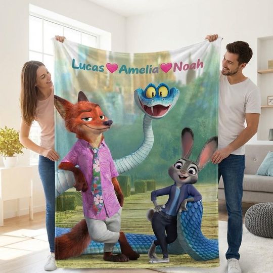 Discover Zootopia 2 Family Blanket Personalized, Nick Wilde Judy Hopps Gary De Snake Blanket, Disney Zootopia 2 Gift for Family, Custom Name Blanket