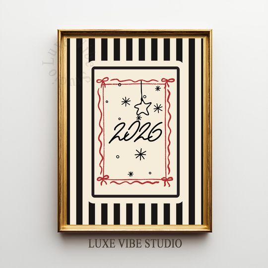 Discover New Year 2026 Digital Wall Art - Nye Party Decor, 2026 Printable, Trendy Wall Poster, Minimalist Coquette Stripe Print, Digital Download 546