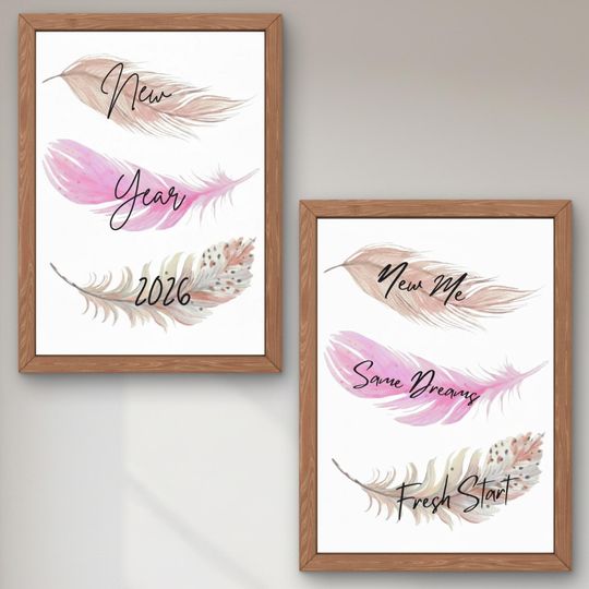 Discover New Year 2026 Printable Art Set of 2 | Gallery Wall Feather Decor | New Me Same Dreams Fresh Start | Digital Download NYE Gift